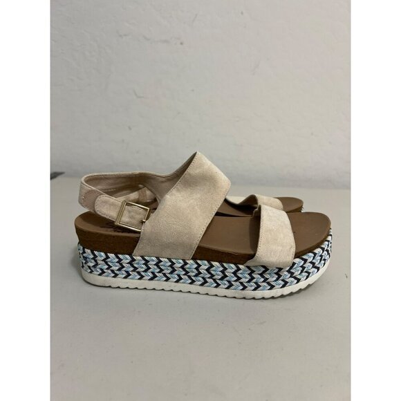Skechers Luxe Foam Sz 8 Beige Blue Platform Espadrille Velcro Faux Buckle Entry - Picture 6 of 8